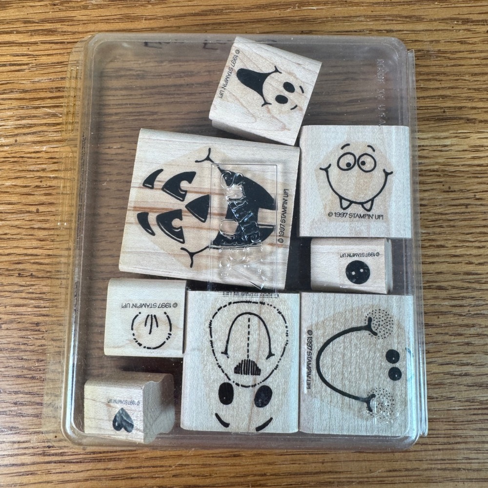 Vintage 1997 Stampin Up Fun Faces Rubber‎ Stamp Set Wood Block 8pc Halloween DIY
